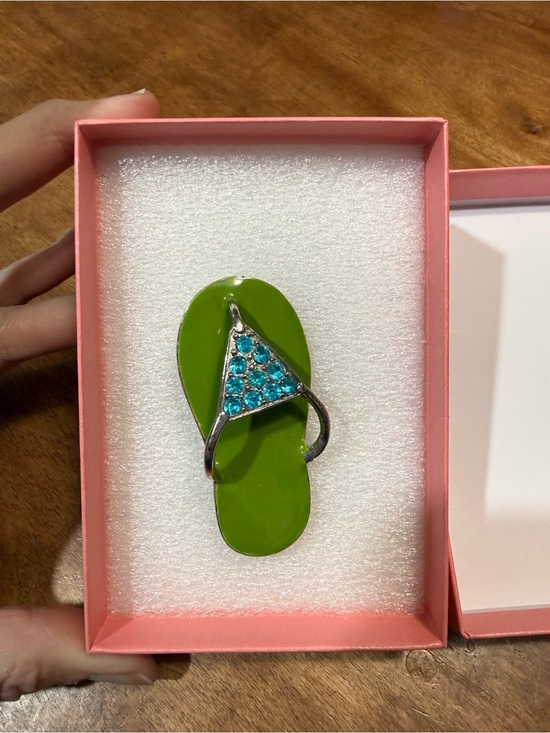 Jewelry - Vintage Green Flip Flop Brooch with Blue Crystal Accents